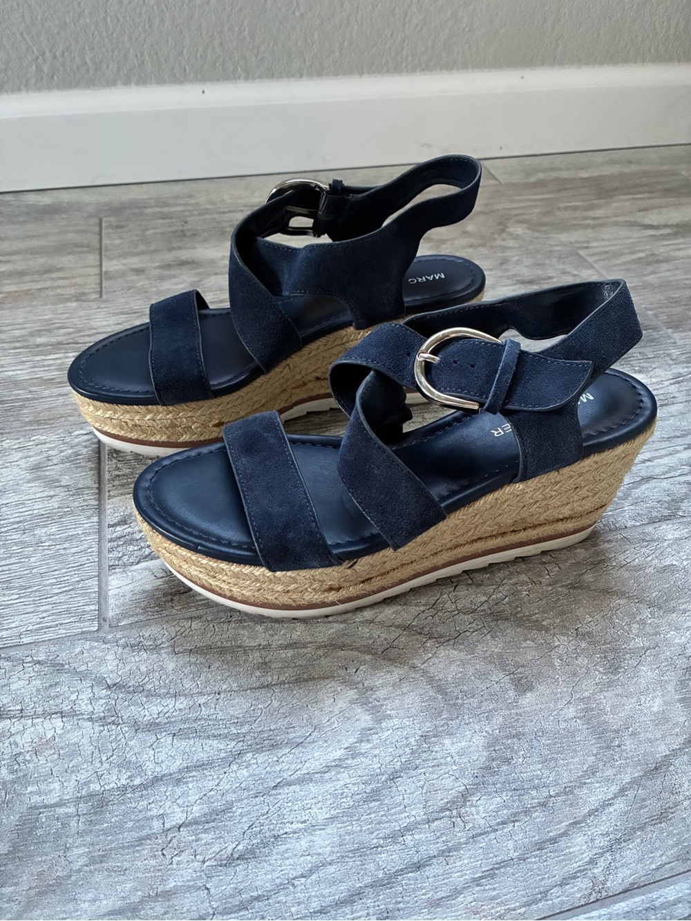 Marc Fisher Navy Suede Espadrille Wedge Sandals with Buckle